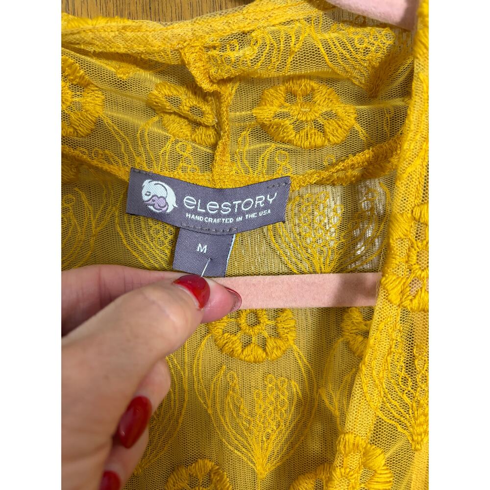 Elestory Yellow Lace Maxi Dress Boho Floral Embroidered Sheer Overlay M - Picture 3 of 7